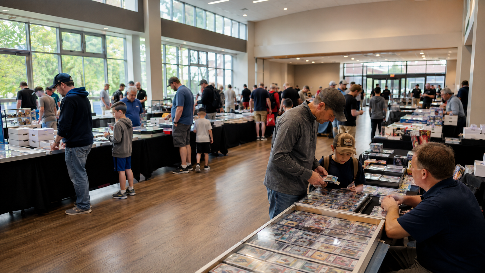 Card show vendors and collectors at a trading card event